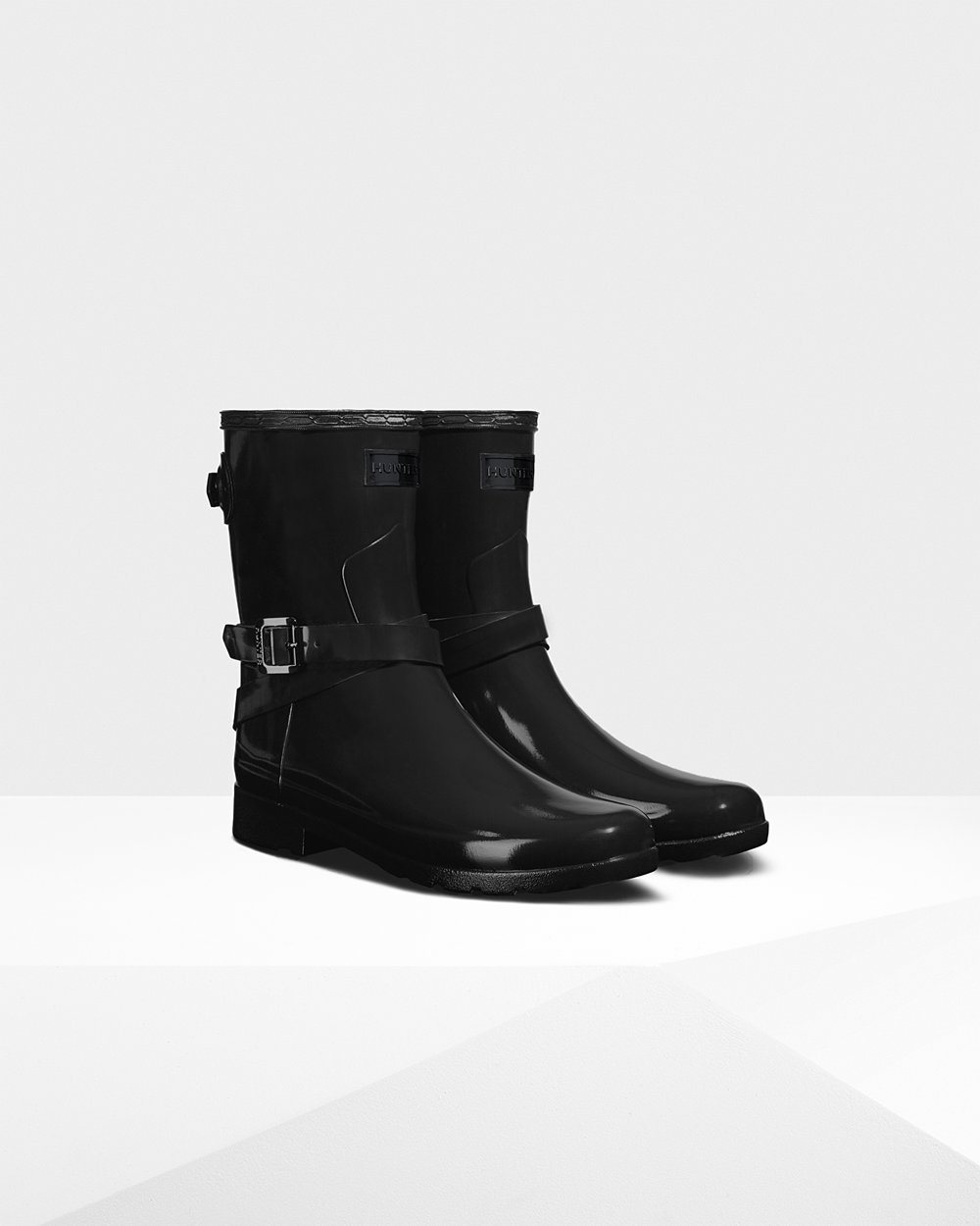 Women Hunter Refined Slim Fit Adjustable Gloss | Short Rain Boots Black | NZ-3178-LSBD